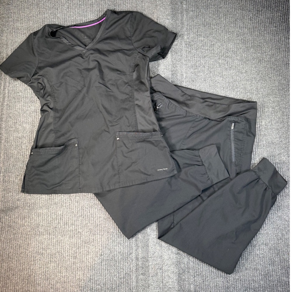 Healing Hands Black Scrub Set Womens Medium V-Neck Top Jogger Pants Medical Wear